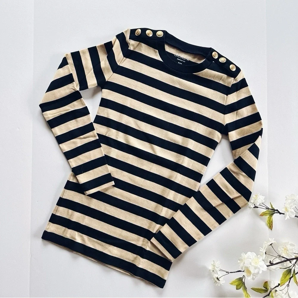 J.Crew Stripe Perfect Fit Long Sleeve Top With Shoulder Buttons